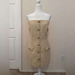 Anthropologie Eva Franco Strapless Gold Tweed Mini Dress Floral Sz 12 Spring